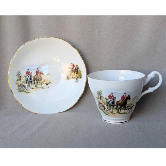 Vintage ROYAL STUART Fine Bone China Cup Saucer Equestrian HORSES and HOUNDS - Picture 3 of 6